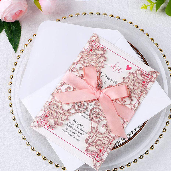 Rose Gold Glitter Laser Cut Wedding Invitations Cards with Envelopes Ribbons (2)