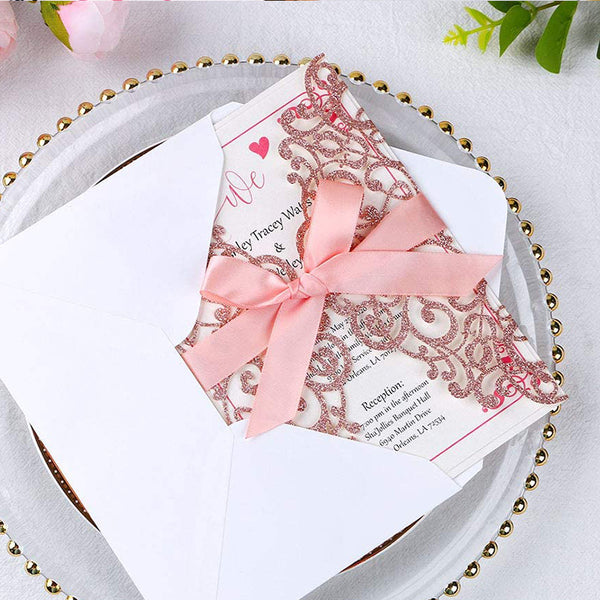 Rose Gold Glitter Laser Cut Wedding Invitations Cards with Envelopes Ribbons (3)