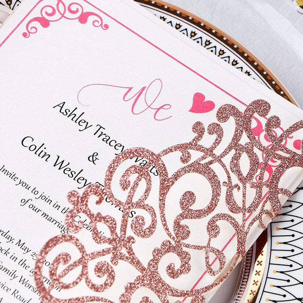Rose Gold Glitter Laser Cut Wedding Invitations Cards with Envelopes Ribbons (5)