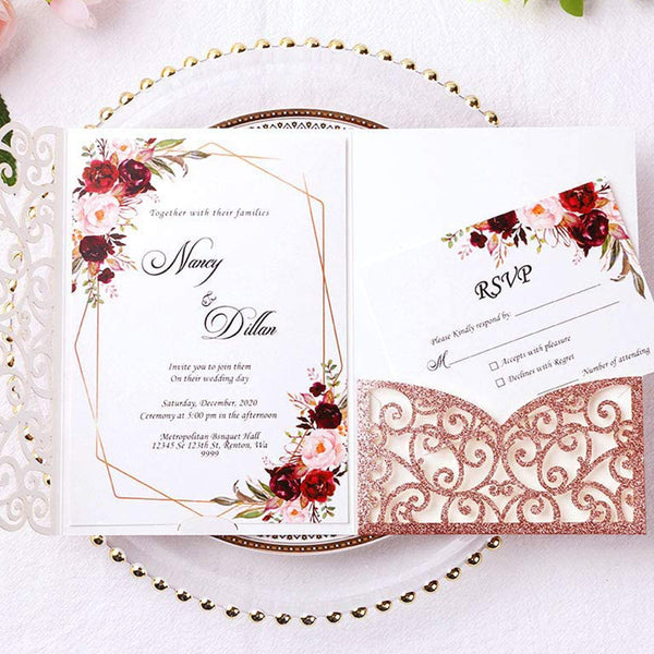 Rose Gold Glitter Tri-Fold Laser Cut Wedding Invitation Pocket with Envelopes (1)