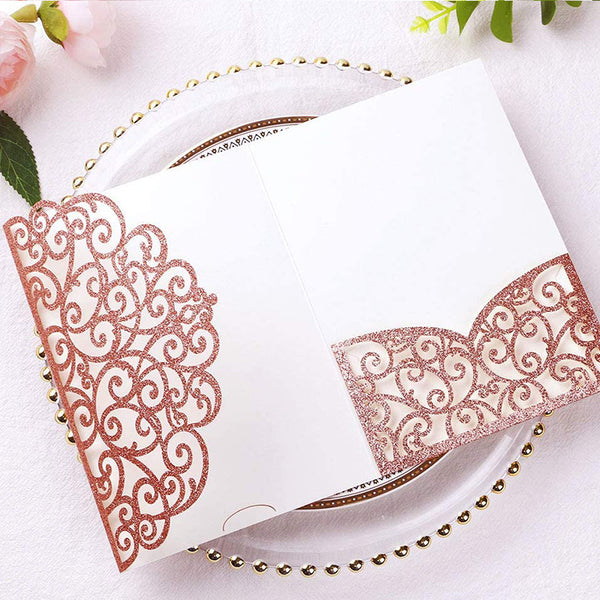 Rose Gold Glitter Tri-Fold Laser Cut Wedding Invitation Pocket with Envelopes (3)