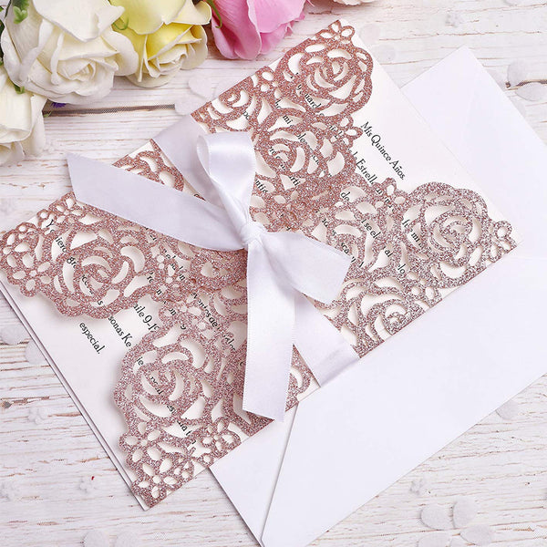 Rose Gold Glitter Wedding Invitations Cards Laser Cut Hollow Rose With White Ribbons (1)