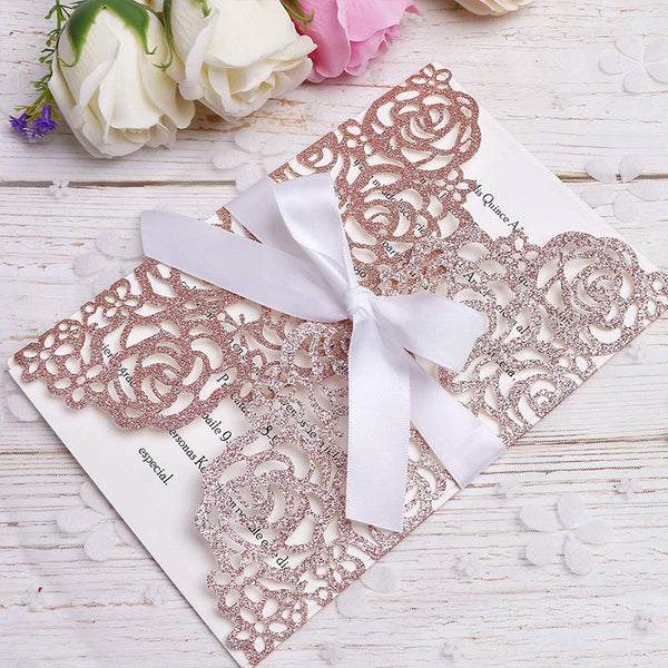 Rose Gold Glitter Wedding Invitations Cards Laser Cut Hollow Rose With White Ribbons (2)
