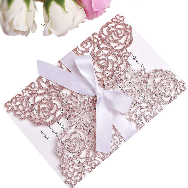 Rose Gold Glitter Wedding Invitations Cards Laser Cut Hollow Rose With White Ribbons (3)