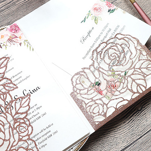 Rose Gold Glittery Wedding Invitation with Pocket and Refreshing Floral Designs Lcz026 (2)