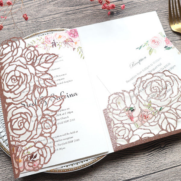 Rose Gold Glittery Wedding Invitation with Pocket and Refreshing Floral Designs Lcz026 (3)