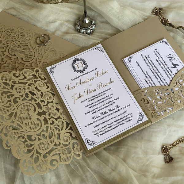 Royal Lace Champagne Gold and White Shimmer Wedding Invitation (2)