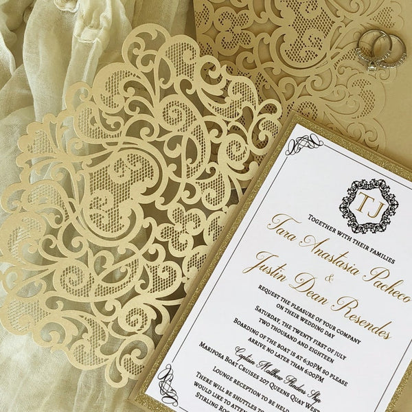 Royal Lace Champagne Gold and White Shimmer Wedding Invitation (3)