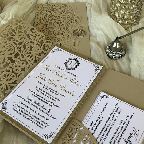 Royal Lace Champagne Gold and White Shimmer Wedding Invitation (4)