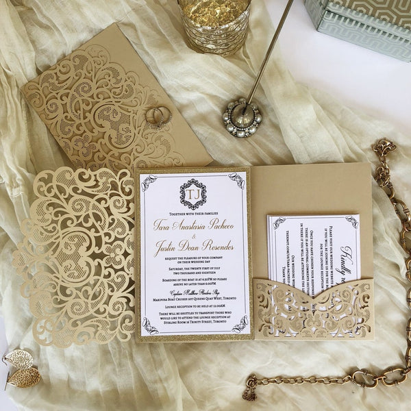 Royal Lace Champagne Gold and White Shimmer Wedding Invitation (5)