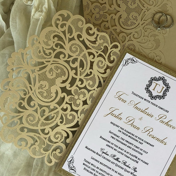 Royal Lace Champagne Gold and White Shimmer Wedding Invitation (6)
