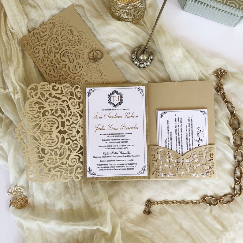 Royal Lace Champagne Gold and White Shimmer Wedding Invitation
