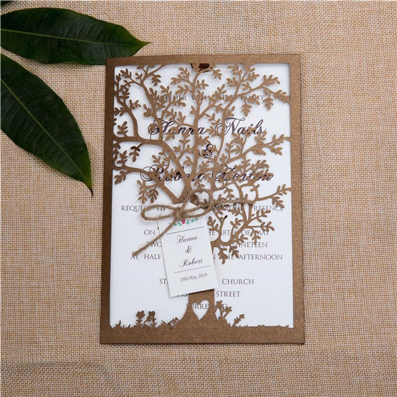 Rustic Shimmer Brown Love Tree Laser Cut Wedding Invitations with Personalized Tag Lcz059 (1)