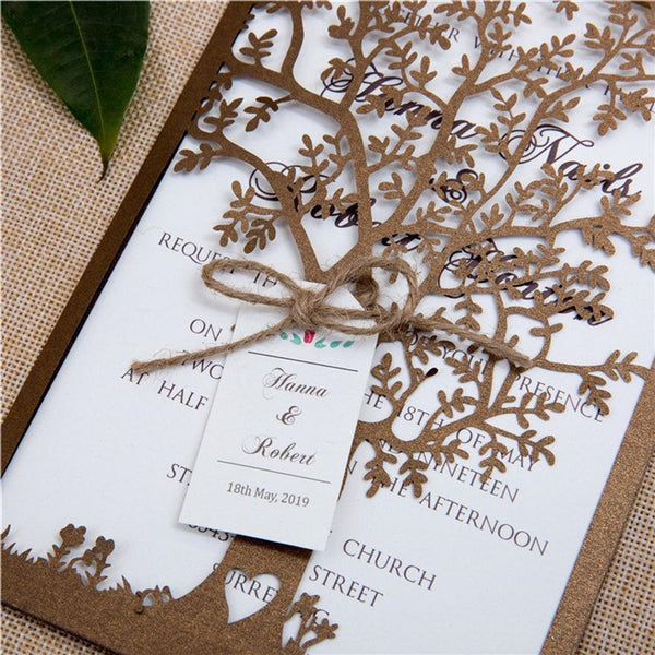 Rustic Shimmer Brown Love Tree Laser Cut Wedding Invitations with Personalized Tag Lcz059 (3)
