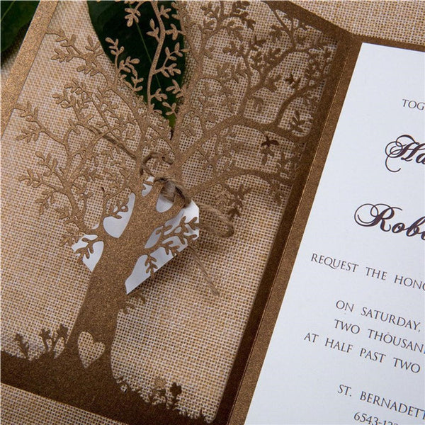 Rustic Shimmer Brown Love Tree Laser Cut Wedding Invitations with Personalized Tag Lcz059 (5)