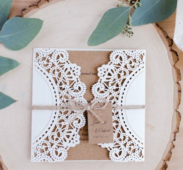 Rustic White and Kraft Laser Cut Invitation with Tag and Burlap Ribbon (4)