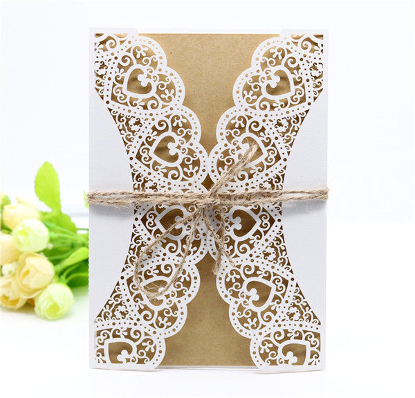 Rustic and country lace laser cut wedding invitations with hemp cord LC055_1