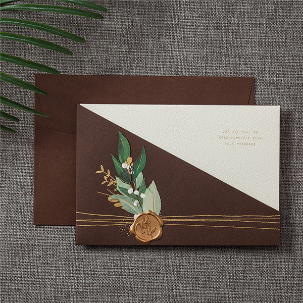 Rustic brown pocket wedding invitations with amazing details LC072 (1)