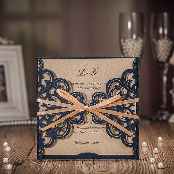 Rustic navy blue laser cut wedding invitations with champagne gold satin ribbons LC017_1