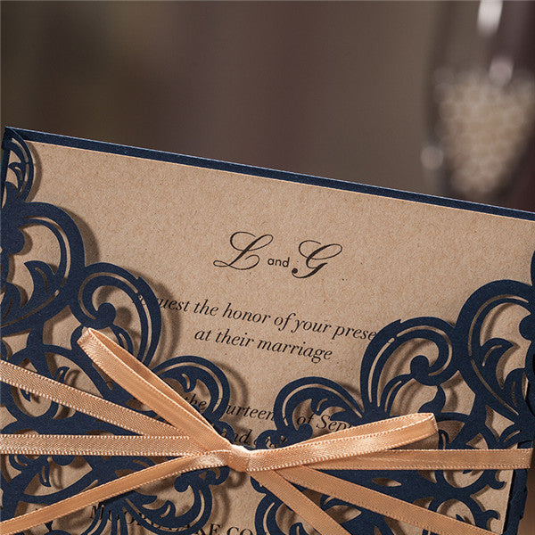 Rustic navy blue laser cut wedding invitations with champagne gold satin ribbons LC017_5
