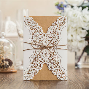 Rustic white lace detailed wedding invitations with suede ribbon LC011_1