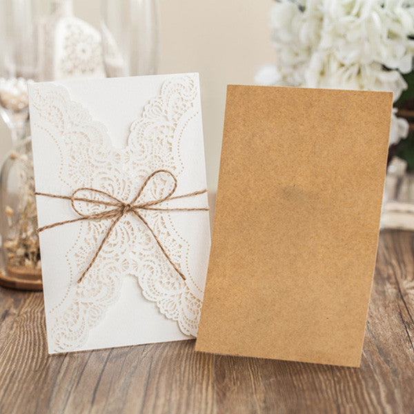 Rustic white lace detailed wedding invitations with suede ribbon LC011_5
