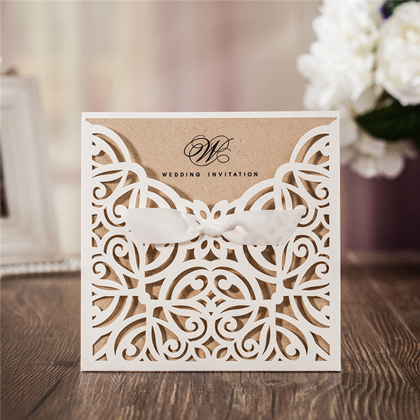 Rustic white laser cut wedding invitations with bow ribbons LC022_1