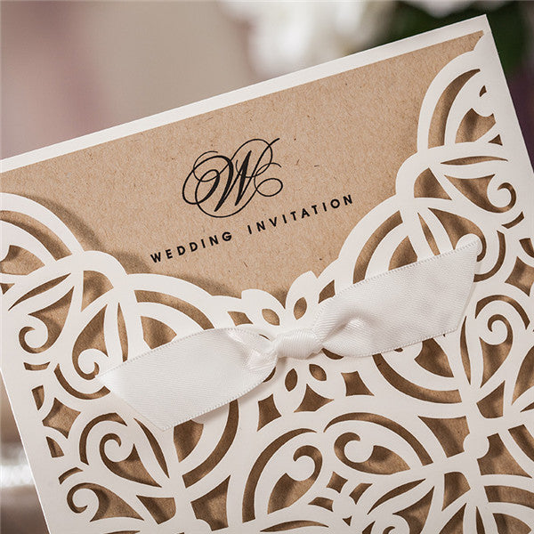 Rustic white laser cut wedding invitations with bow ribbons LC022_2