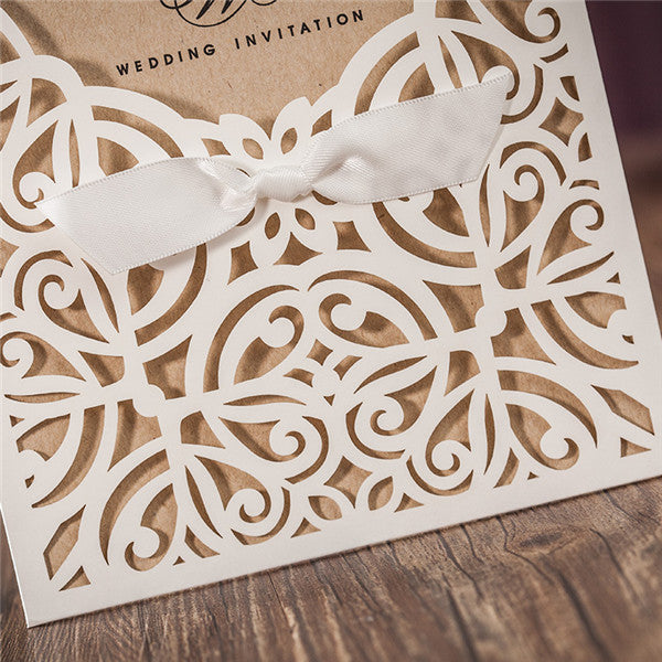 Rustic white laser cut wedding invitations with bow ribbons LC022_3