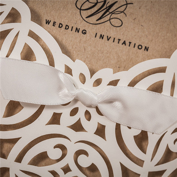 Rustic white laser cut wedding invitations with bow ribbons LC022_4