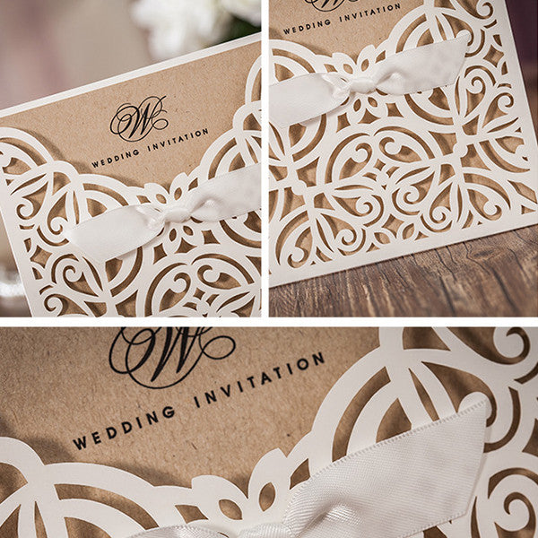 Rustic white laser cut wedding invitations with bow ribbons LC022_5