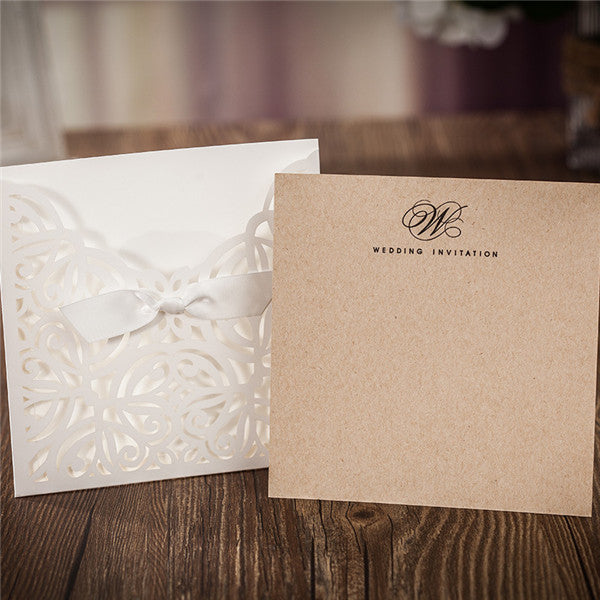 Rustic white laser cut wedding invitations with bow ribbons LC022_6