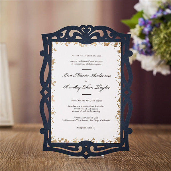 Shabby chic navy blue laser cut wedding invitations with white cards LC033_1