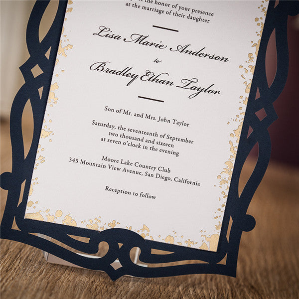 Shabby chic navy blue laser cut wedding invitations with white cards LC033_4