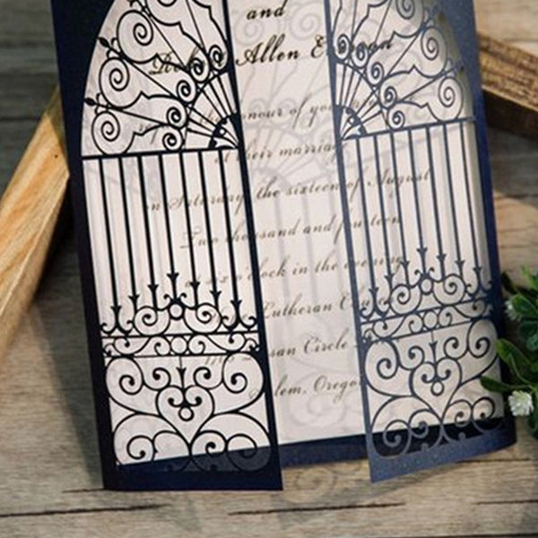 Shiny navy blue wedding invitations with door design (1)