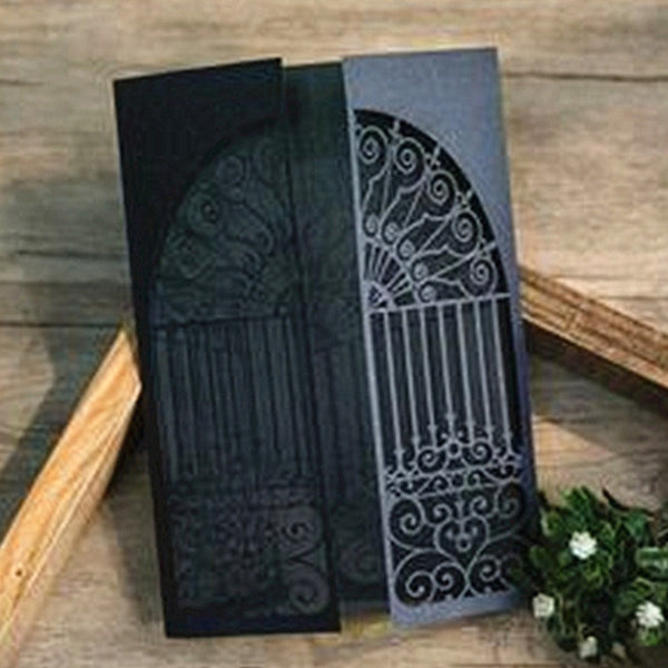 Shiny navy blue wedding invitations with door design (2)