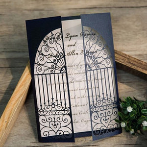 Shiny navy blue wedding invitations with door design