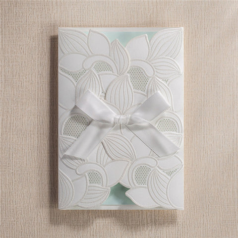 Shiny traditional white folded laser cut wedding invitations LC028_1