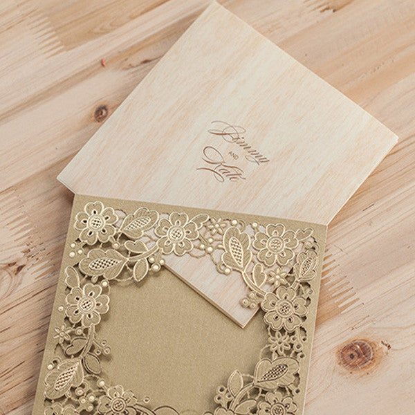 Shiny vintage brown laser cut wedding invitations LC020_4