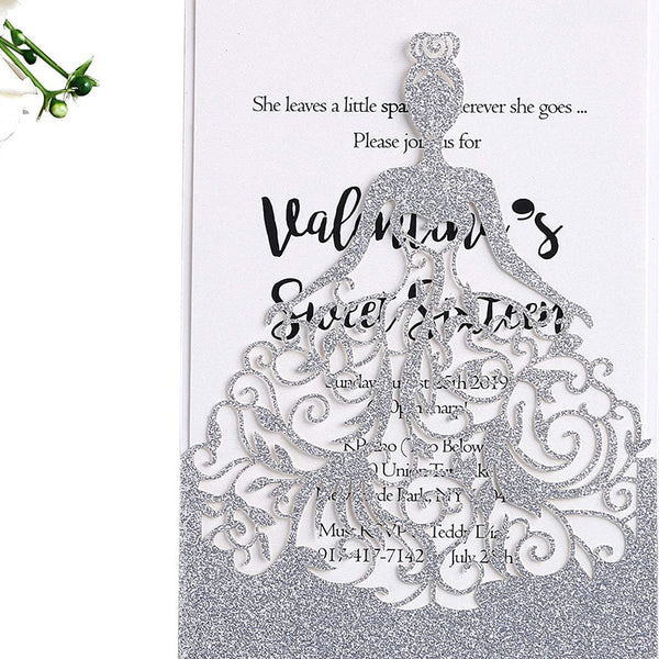 Silver Glitter Laser Cut Crown Wedding Invitations Cards For Birthday Sweet 15 (5)