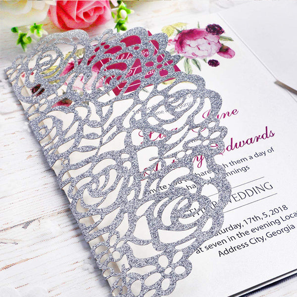 Silver Glitter Laser Cut Wedding Invitations Cards with Envelopes Ribbons for Wedding (2)