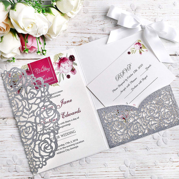 Silver Glitter Laser Cut Wedding Invitations Cards with Envelopes Ribbons for Wedding (4)