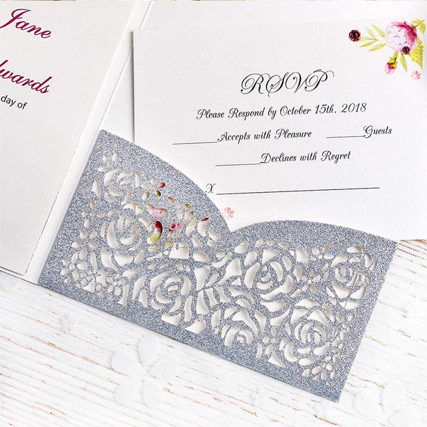 Silver Glitter Laser Cut Wedding Invitations Cards with Envelopes Ribbons for Wedding (6)