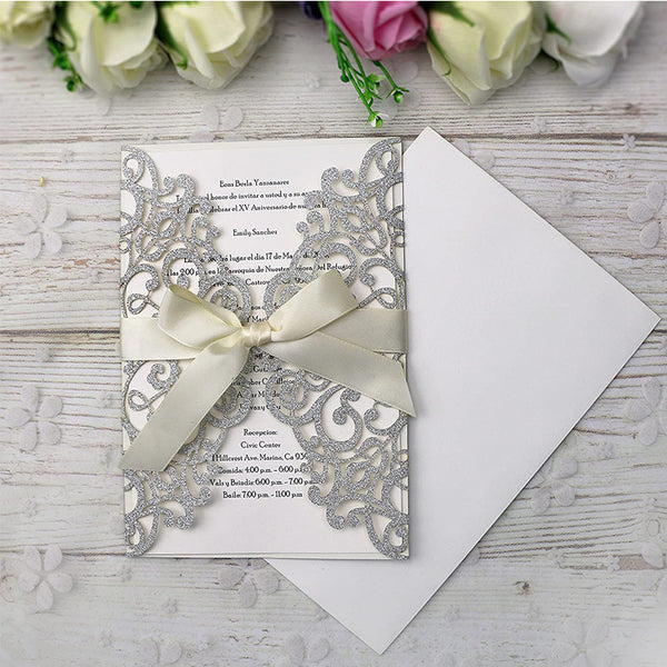 Silver Glitter Laser Cut Wedding Invitations Cards with Envelopes for Wedding Bridal Shower (1)
