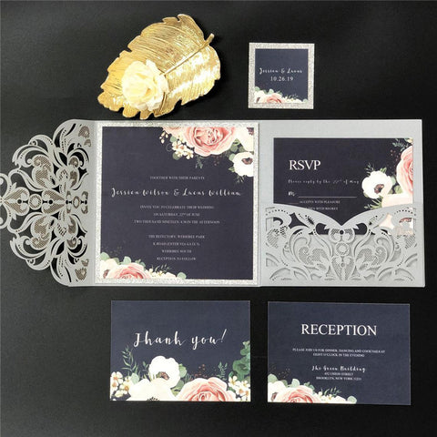 Silver Pocket Laser Cut Wedding Invitations with Navy Blue Floral Glittery Back Card and Personalized Belly Band Lcz060 (1)
