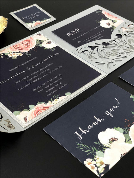 Silver Pocket Laser Cut Wedding Invitations with Navy Blue Floral Glittery Back Card and Personalized Belly Band Lcz060 (2)