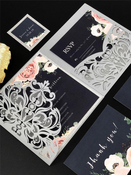 Silver Pocket Laser Cut Wedding Invitations with Navy Blue Floral Glittery Back Card and Personalized Belly Band Lcz060 (3)
