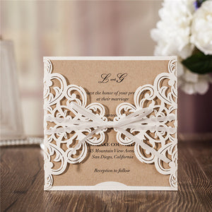 Simple white lace laser cut wedding invitations with satin ribbons LC026_1