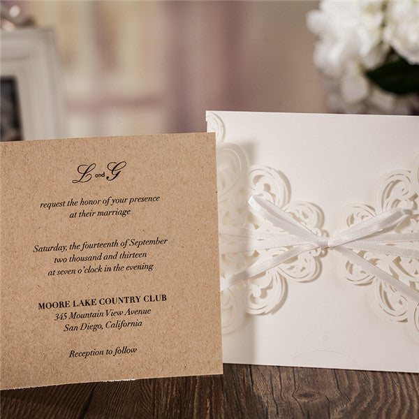 Simple white lace laser cut wedding invitations with satin ribbons LC026_2