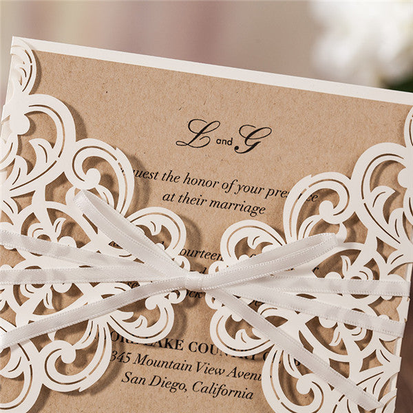 Simple white lace laser cut wedding invitations with satin ribbons LC026_3